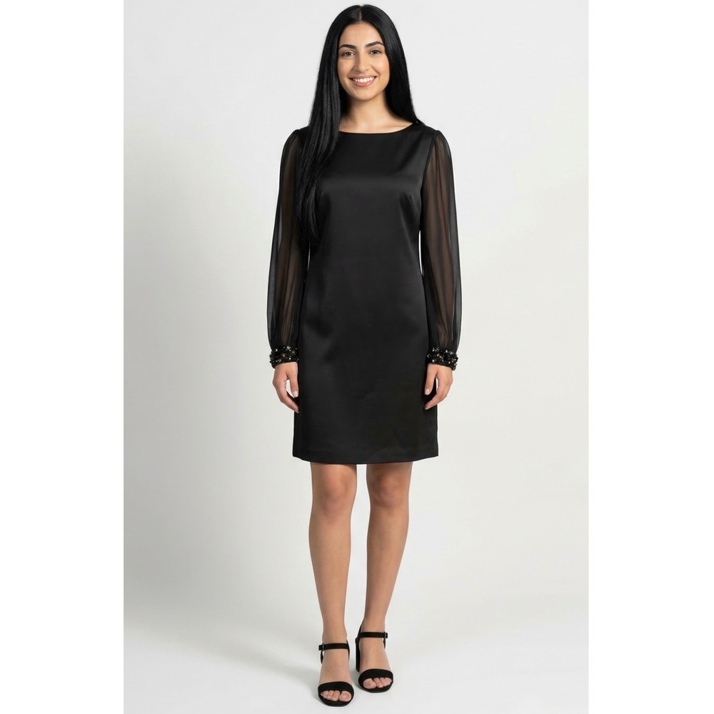 Eliza J Black Sheath Dress Sheer Long Sleeve Beaded Cuff Cocktail Size 4 LBD
